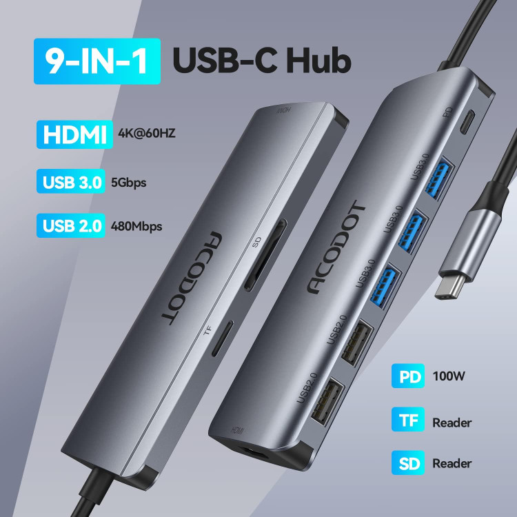 هاب 9 پورت USB3 ، USB2 ،HDMI و SD برند Acodot مدل X00198 با امکان شارژ سریع لپ تاپ و موبایل
