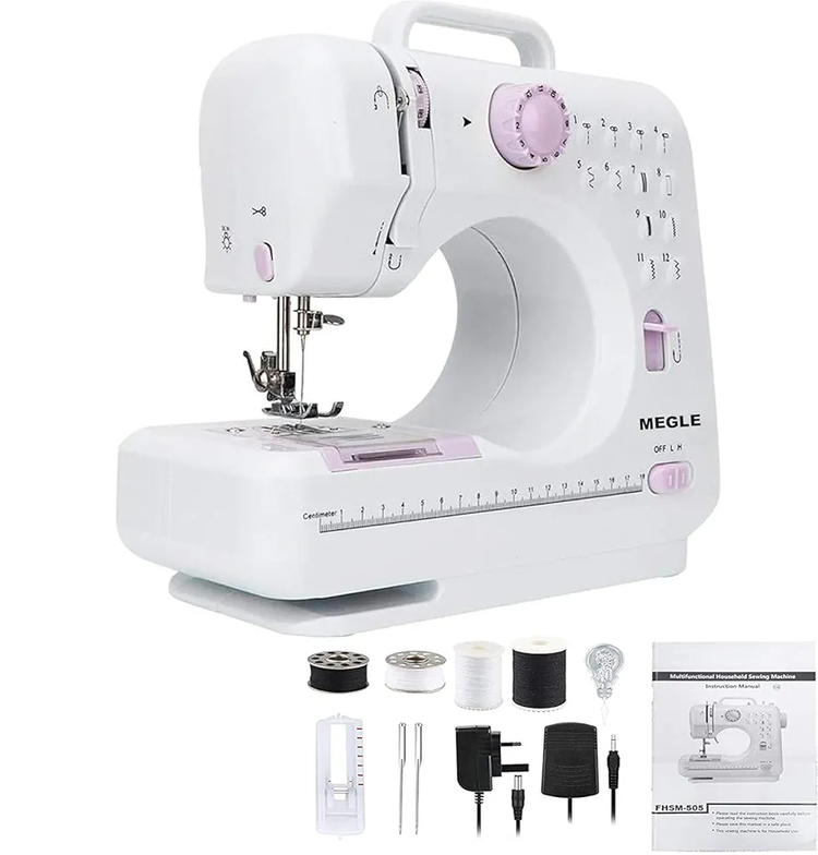 چرخ خیاطی مینی چند منظوره، برقی و باتری خور ، پدالی و دارای 12 نوع دوخت برند MEGLE مدل FHSM-505 همراه کیت کامل خیاطی