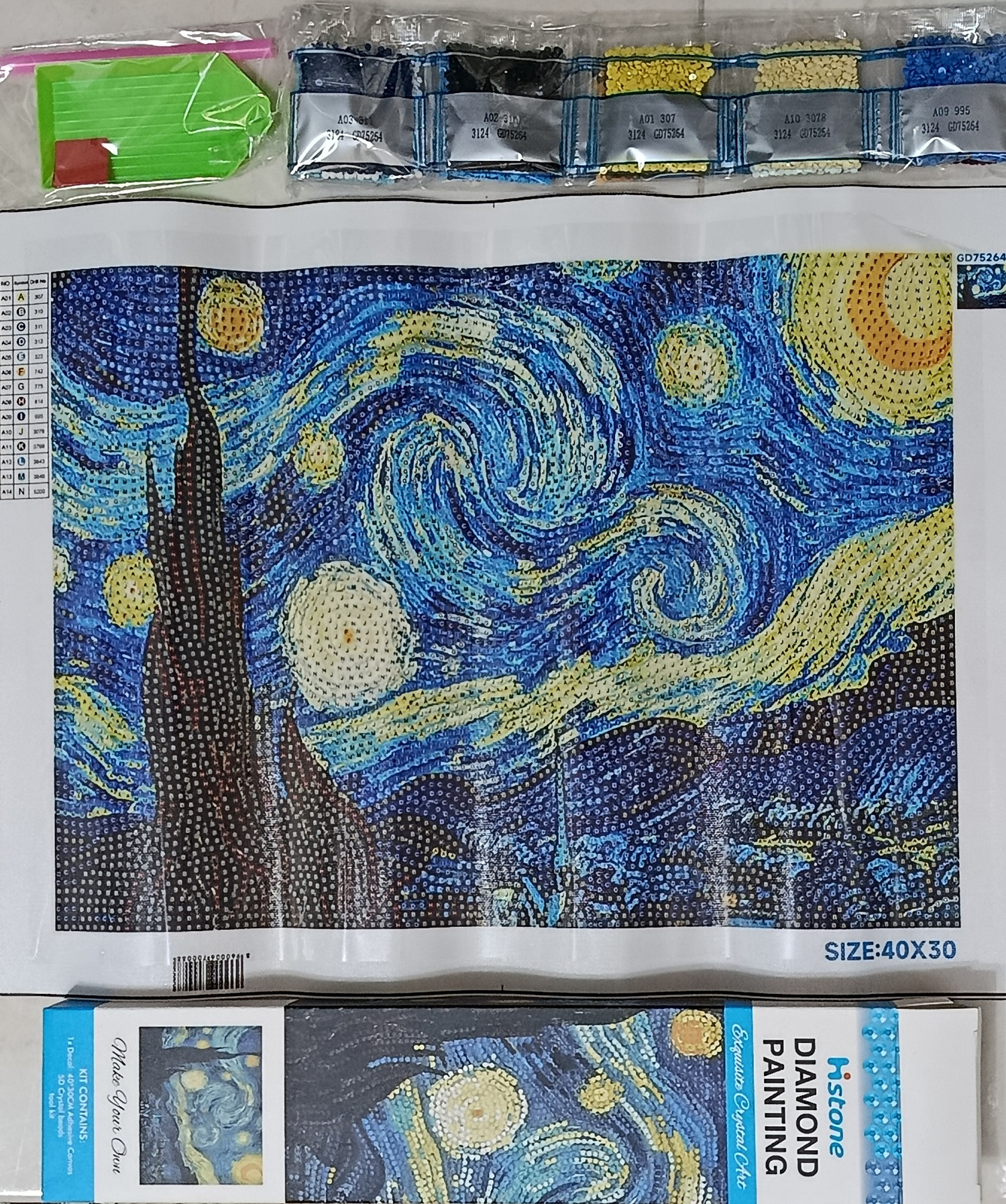 نقاشی الماسی رولی سایز 30*40 ، فول نگین و با کیفیت برند هایستون دارای 14 رنگ الماس طرح نقاشی ونگوگ