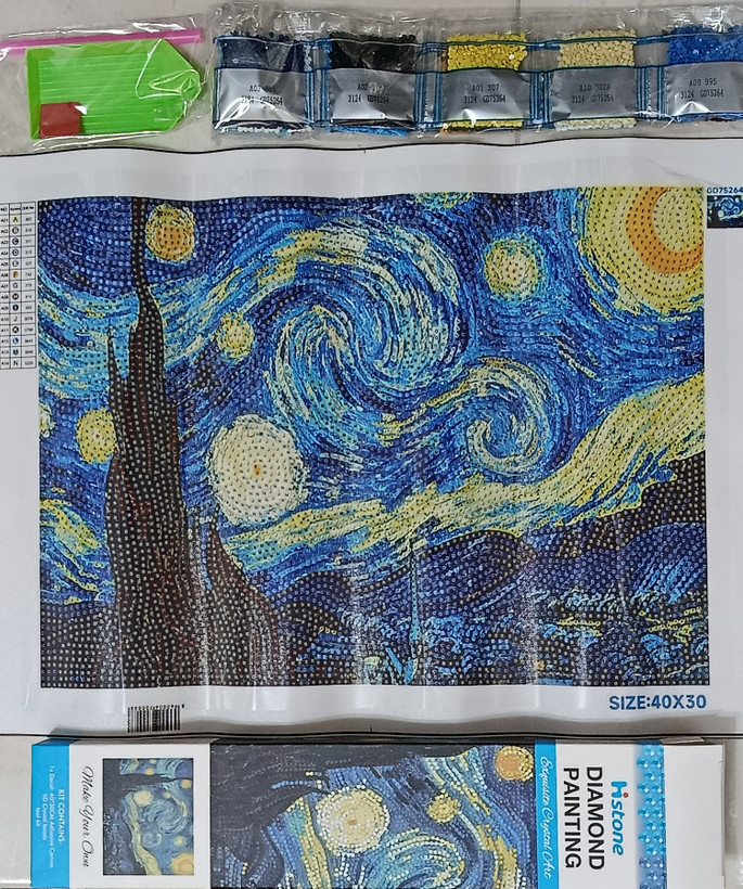 نقاشی الماسی رولی سایز 30*40 ، فول نگین و با کیفیت برند هایستون دارای 14 رنگ الماس طرح نقاشی ونگوگ